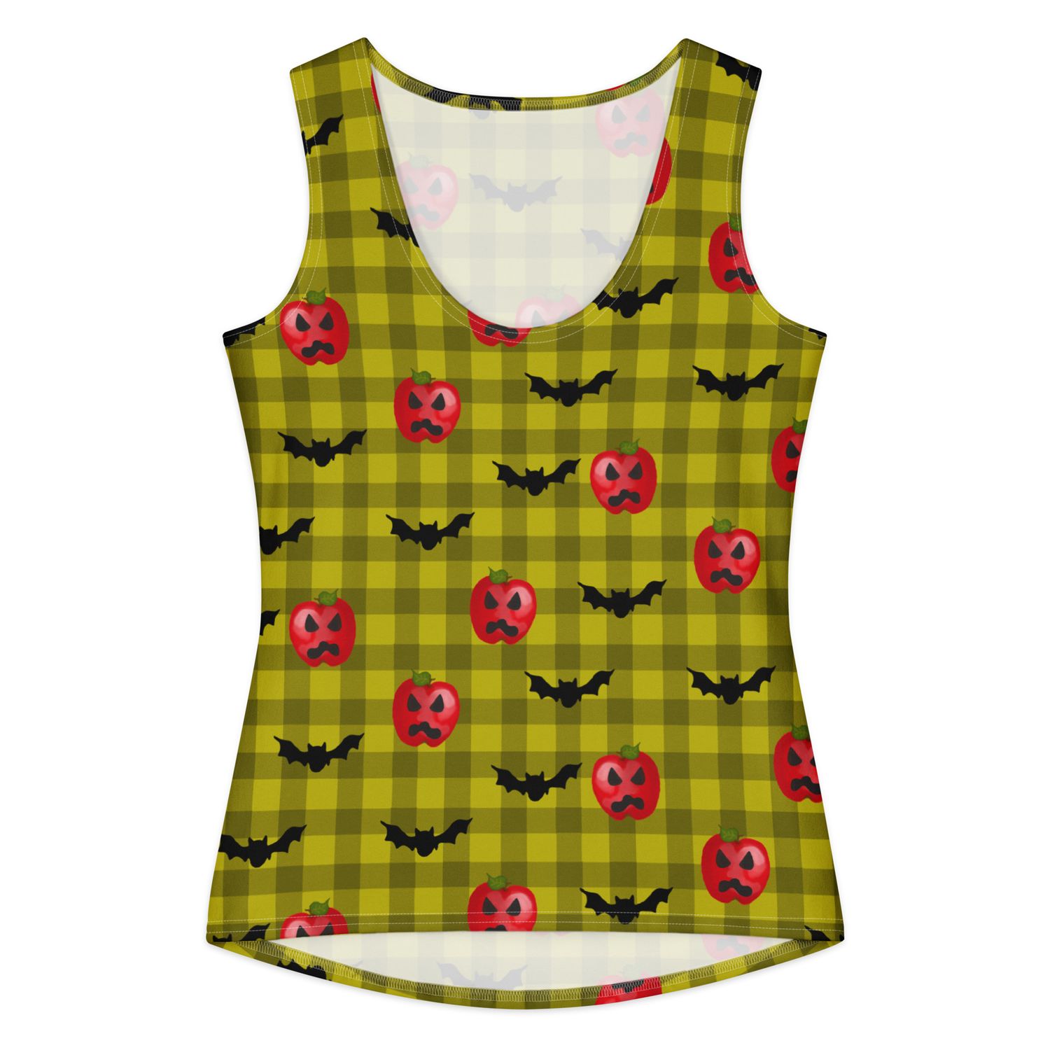 Spooky Haunted Red Apple Jack-O-Lanterns and Flying Bats Gingham Cotton Loungewear Tank Top