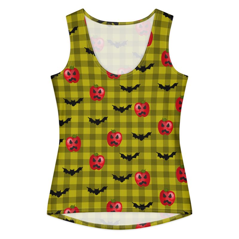 Spooky Haunted Red Apple Jack-O-Lanterns and Flying Bats Gingham Cotton Loungewear Tank Top
