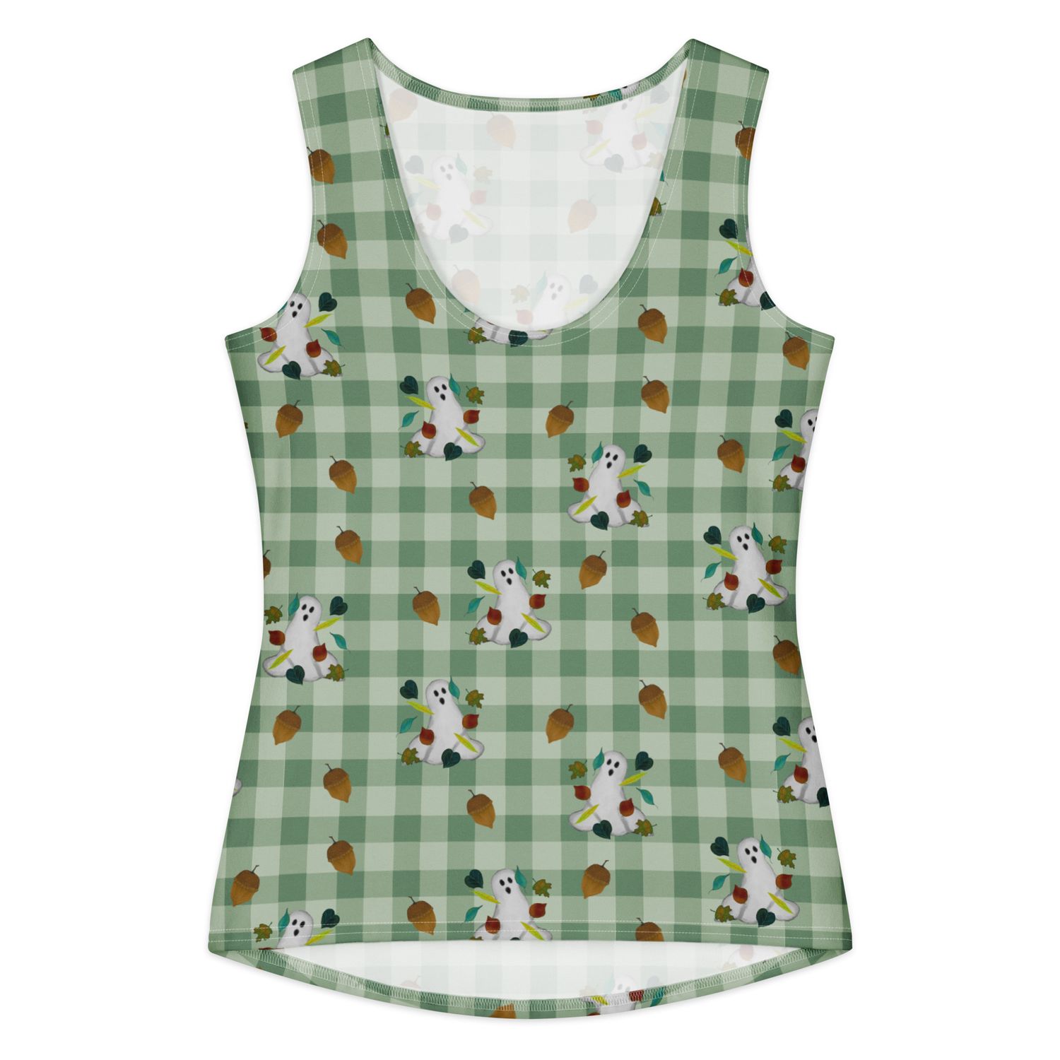 Spooky Fall Ghosts & Autumn Leaves Cotton Loungewear Tank Top – Muted Green Gingham Boutique Top