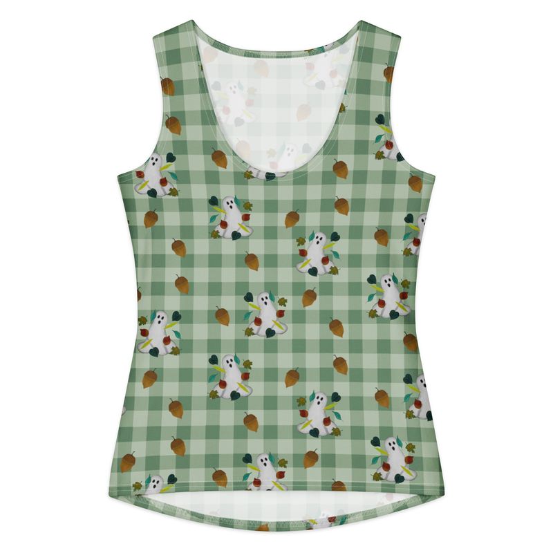 Spooky Fall Ghosts & Autumn Leaves Cotton Loungewear Tank Top – Muted Green Gingham Boutique Top