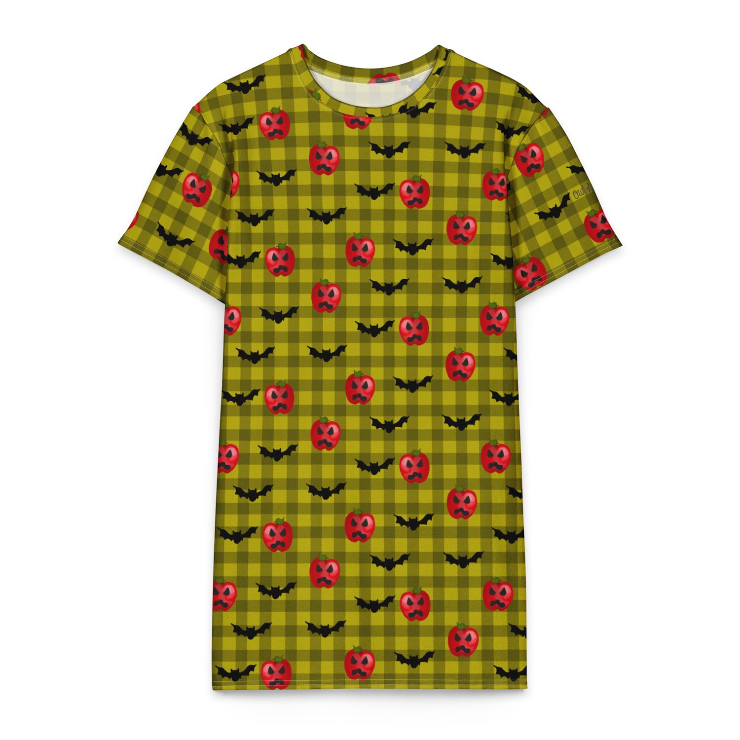 Spooky Haunted Red Apple Jack-O-Lanterns and Flying Bats Gingham Cotton T-Shirt Loungewear Dress