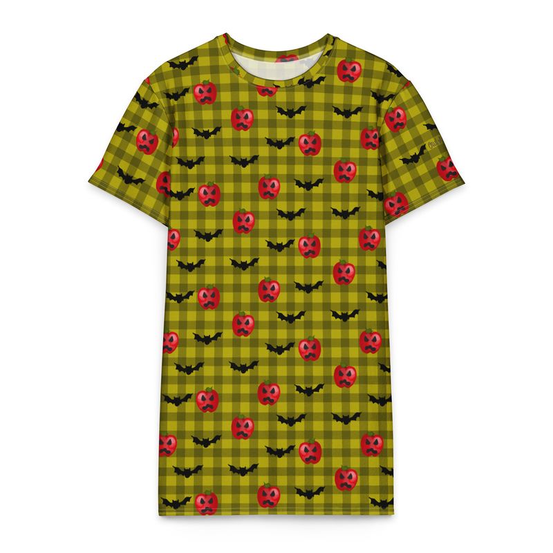 Spooky Haunted Red Apple Jack-O-Lanterns and Flying Bats Gingham Cotton T-Shirt Loungewear Dress
