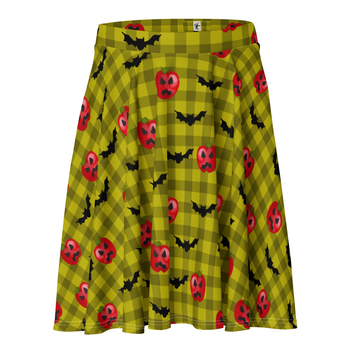 Spooky Haunted Red Apple Jack-O-Lanterns and Flying Bats Gingham Skater Skirt