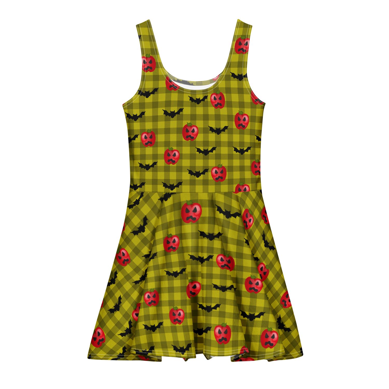 Spooky Haunted Red Apple Jack-O-Lanterns and Flying Bats Gingham Cotton Skater Dress