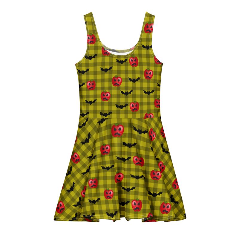 Spooky Haunted Red Apple Jack-O-Lanterns and Flying Bats Gingham Cotton Skater Dress Spooky Haunted Red Apple Jack-O-Lanterns and Flying Bats Gingham Cotton Skater Dress