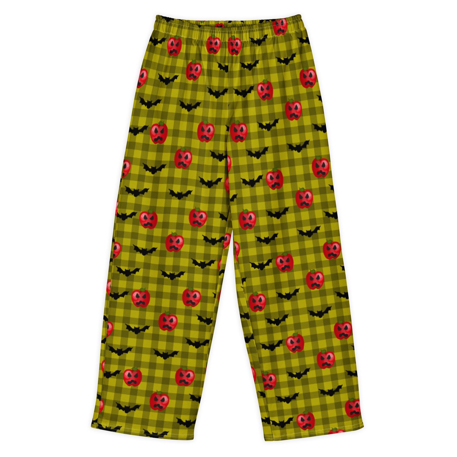 Spooky Haunted Red Apple Jack-O-Lanterns And Flying Bats Gingham Cotton Wide Leg Pants Spooky Haunted Red Apple Jack-O-Lanterns And Flying Bats Gingham Cotton Wide Leg Pants