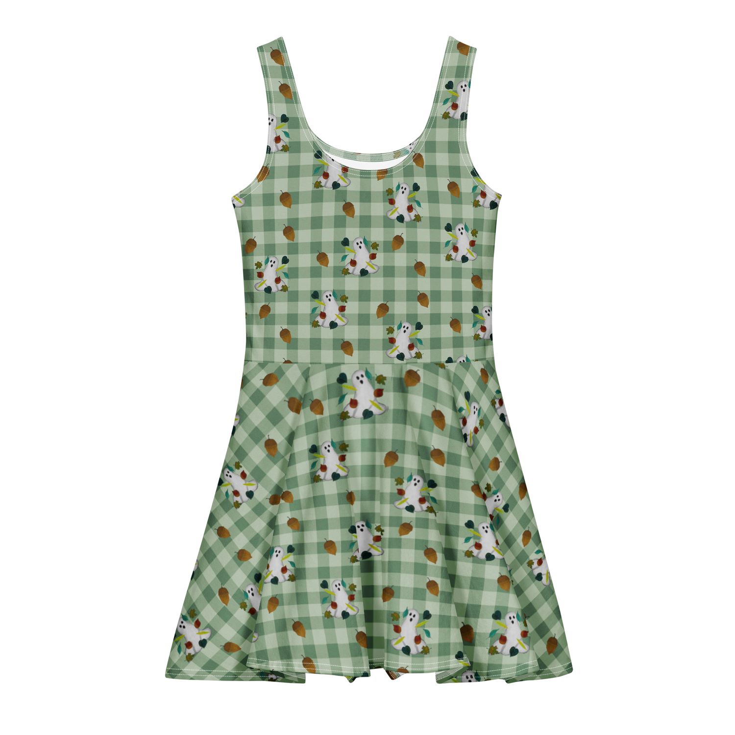 Spooky Fall Ghosts & Autumn Leaves Cotton Skater Dress – Muted Green Gingham Boutique Halloween Dress