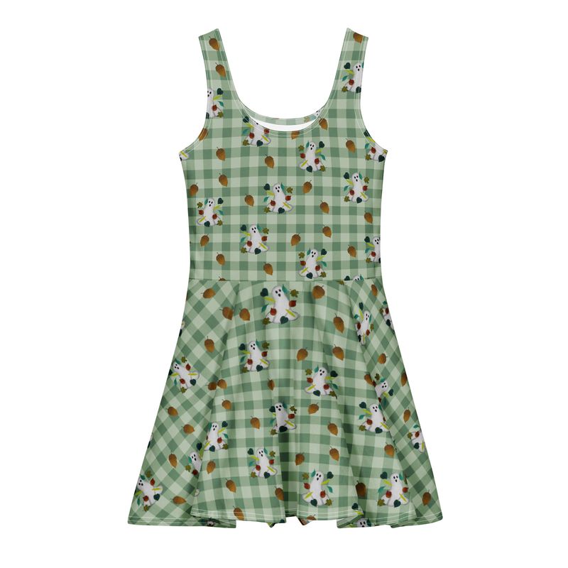 Spooky Fall Ghosts & Autumn Leaves Cotton Skater Dress – Muted Green Gingham Boutique Halloween Dress Spooky Fall Ghosts & Autumn Leaves Cotton Skater Dress – Muted Green Gingham Boutique Halloween Dress