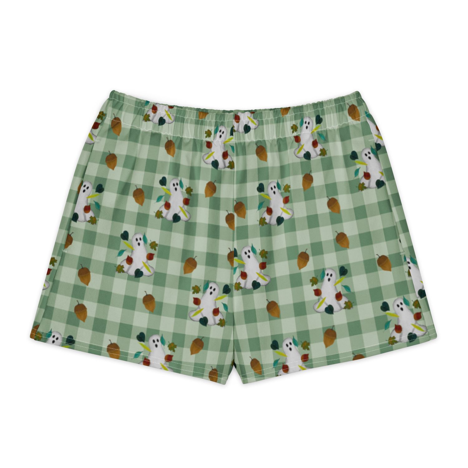 Spooky Fall Ghosts & Autumn Leaves Cotton Loungewear Shorts – Muted Green Gingham Boutique Sleep Shorts Pajamas
