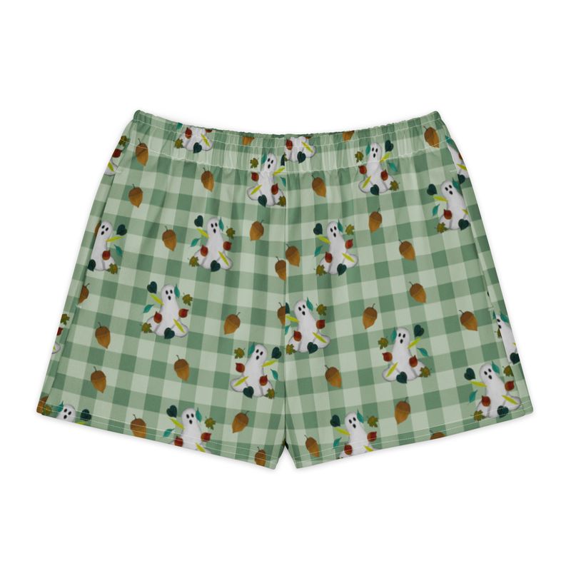 Spooky Fall Ghosts & Autumn Leaves Cotton Loungewear Shorts – Muted Green Gingham Boutique Sleep Shorts Pajamas