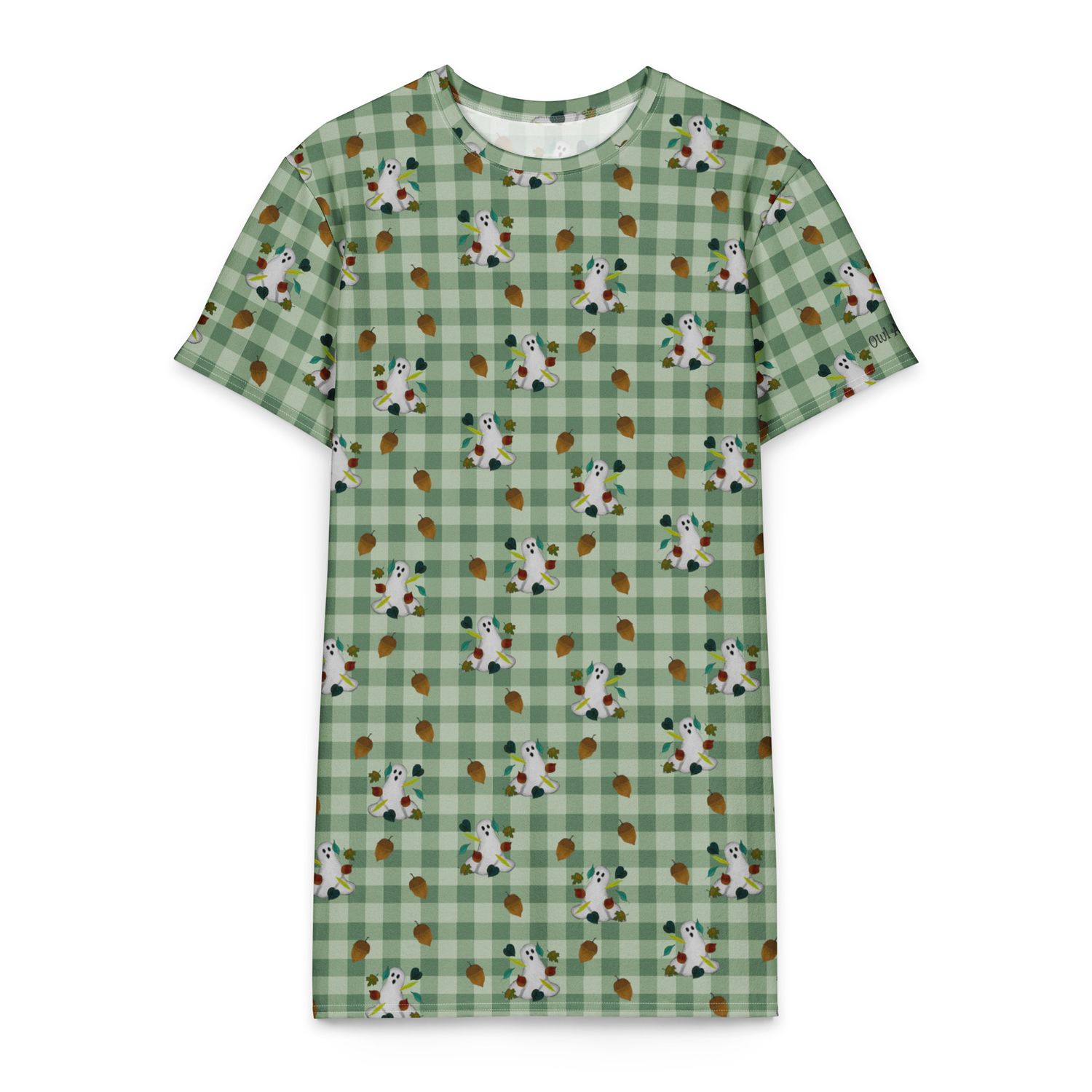 Spooky Fall Ghosts & Autumn Leaves Cotton T-Shirt Loungewear Dress – Muted Green Gingham Boutique Nightgown Pajamas