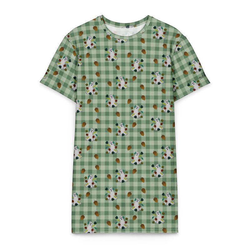 Spooky Fall Ghosts & Autumn Leaves Cotton T-Shirt Loungewear Dress – Muted Green Gingham Boutique Nightgown Pajamas