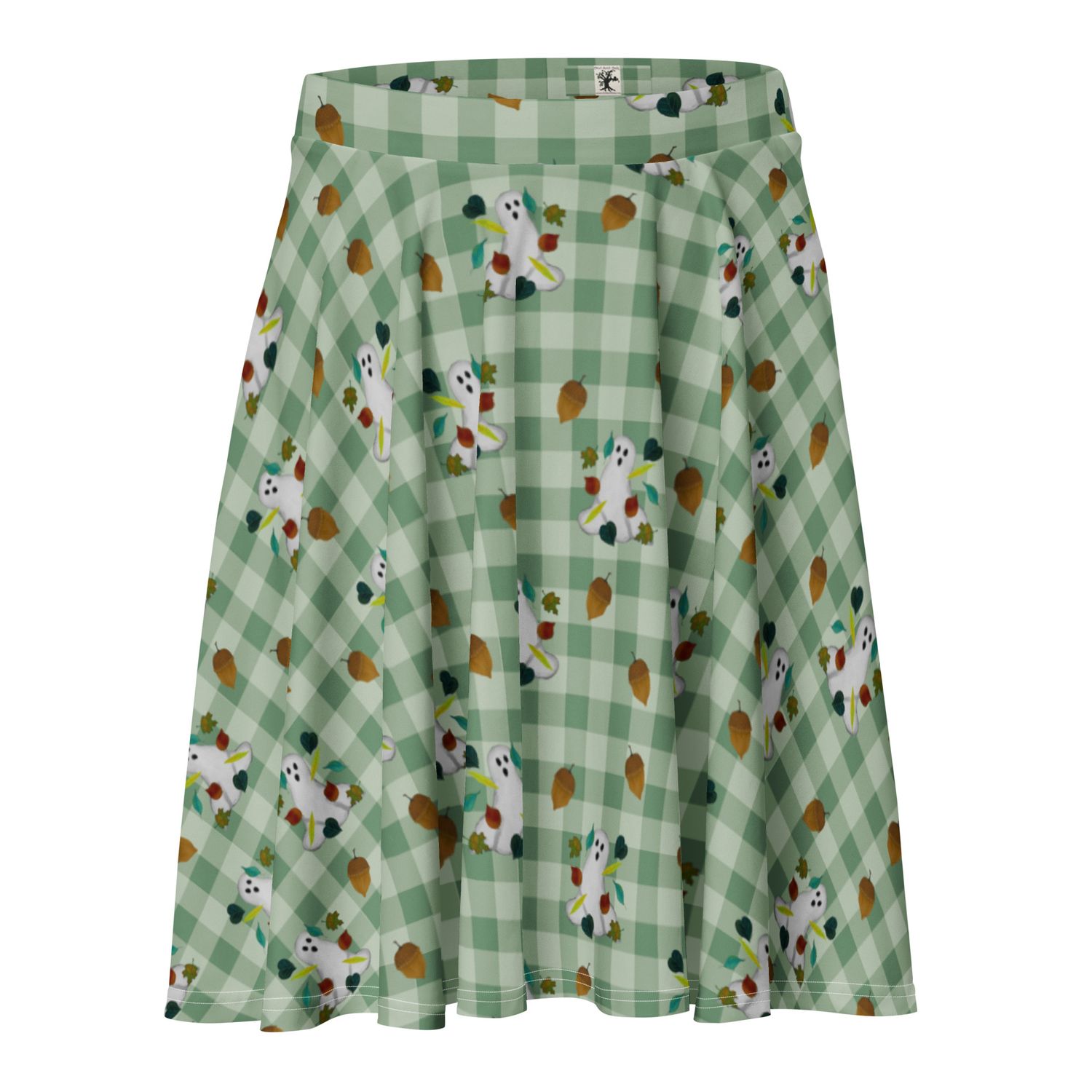 Spooky Fall Ghosts & Autumn Leaves Skater Skirt – Muted Green Gingham Boutique Halloween Skirt