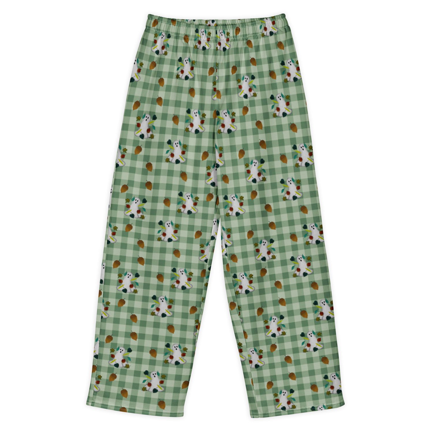 Spooky Autumn Ghosts, Leaves, and Acorns Gingham Cotton Wide Leg Pants Spooky Autumn Ghosts, Leaves, and Acorns Gingham Cotton Wide Leg Pants