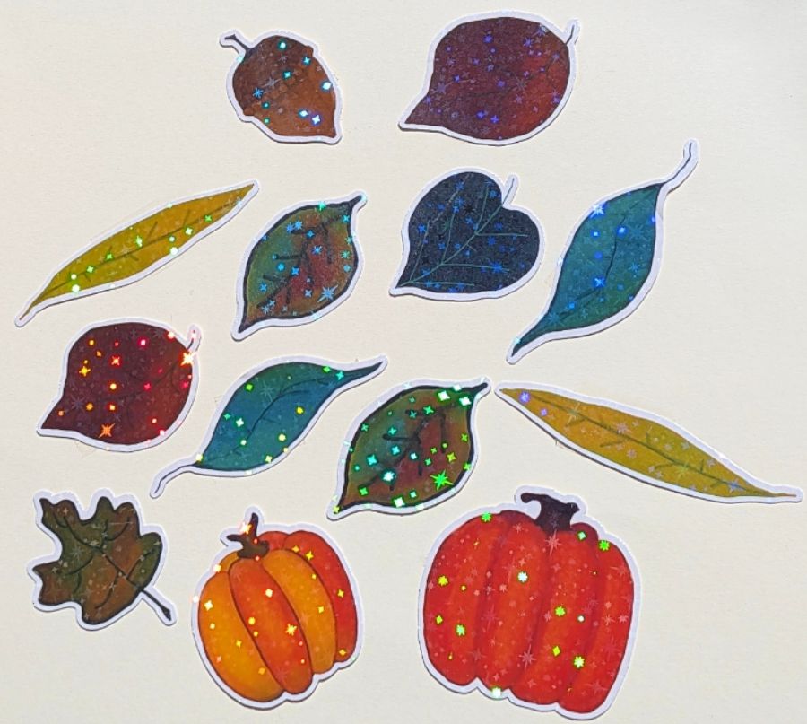 Fall Leaves, Pumpkins, and Acorn Holographic Sparkle Sticker Set