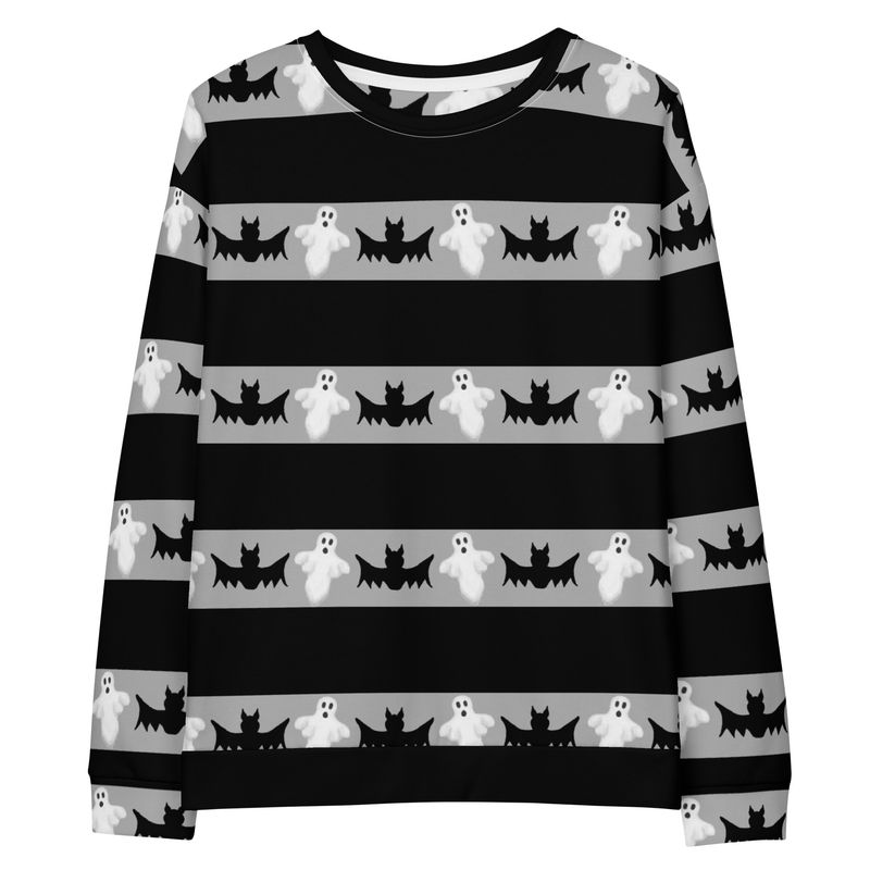 Ghosts and Bats Striped Cotton Spooky Graphic Sweatshirt