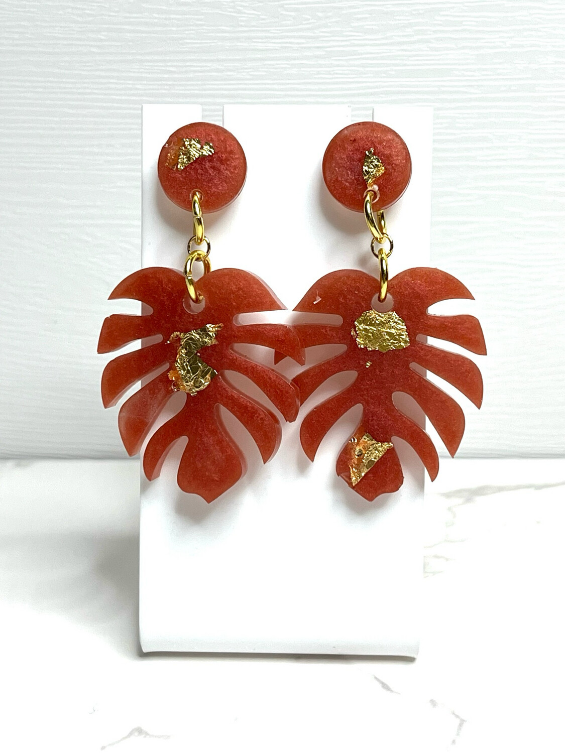 Red & Gold Monstera Earrings