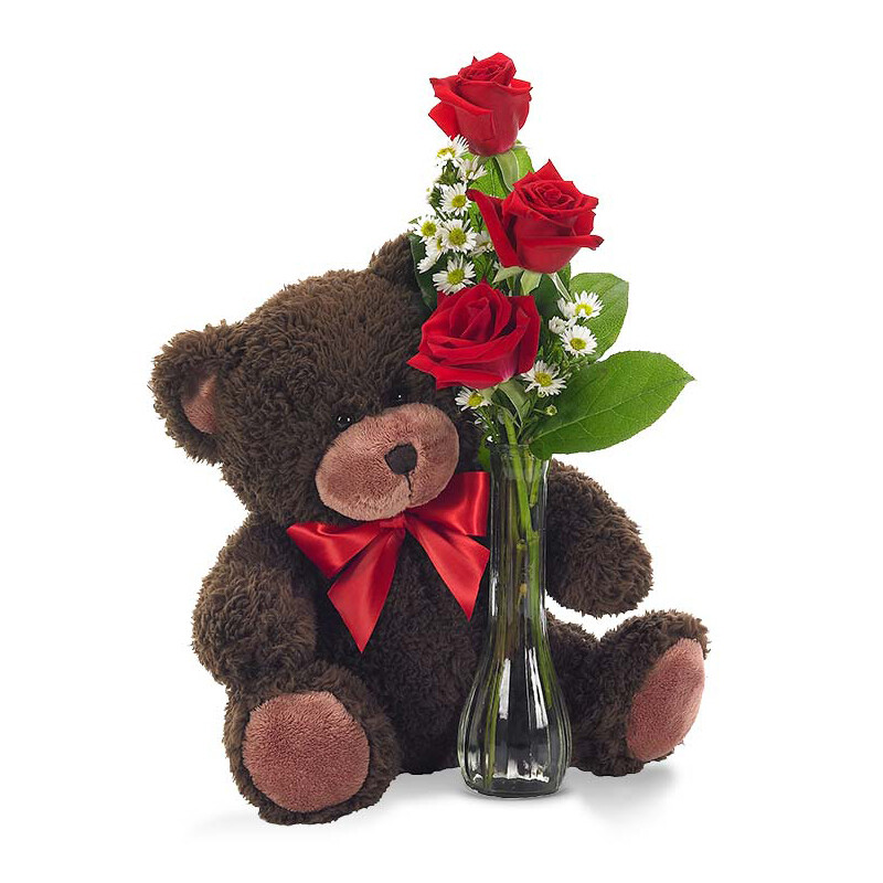 Classic Bud Vase Roses with Bear Classic Bud Vase Roses with Bear
