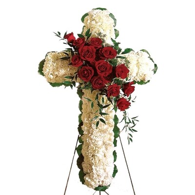 Red &amp; White Standing Cross with Red Rose Break