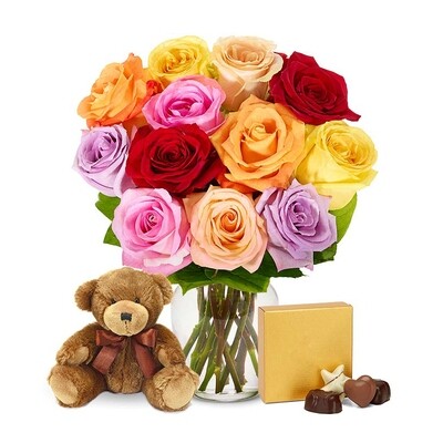 One Dozen Assorted Sweetheart Roses with Godiva & Bear