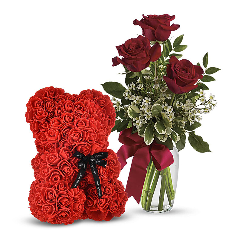 Thoughts of You Bouquet with 3 Roses & Rose Bear