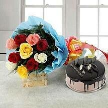 10 Mixed Roses With Chocolate Cake