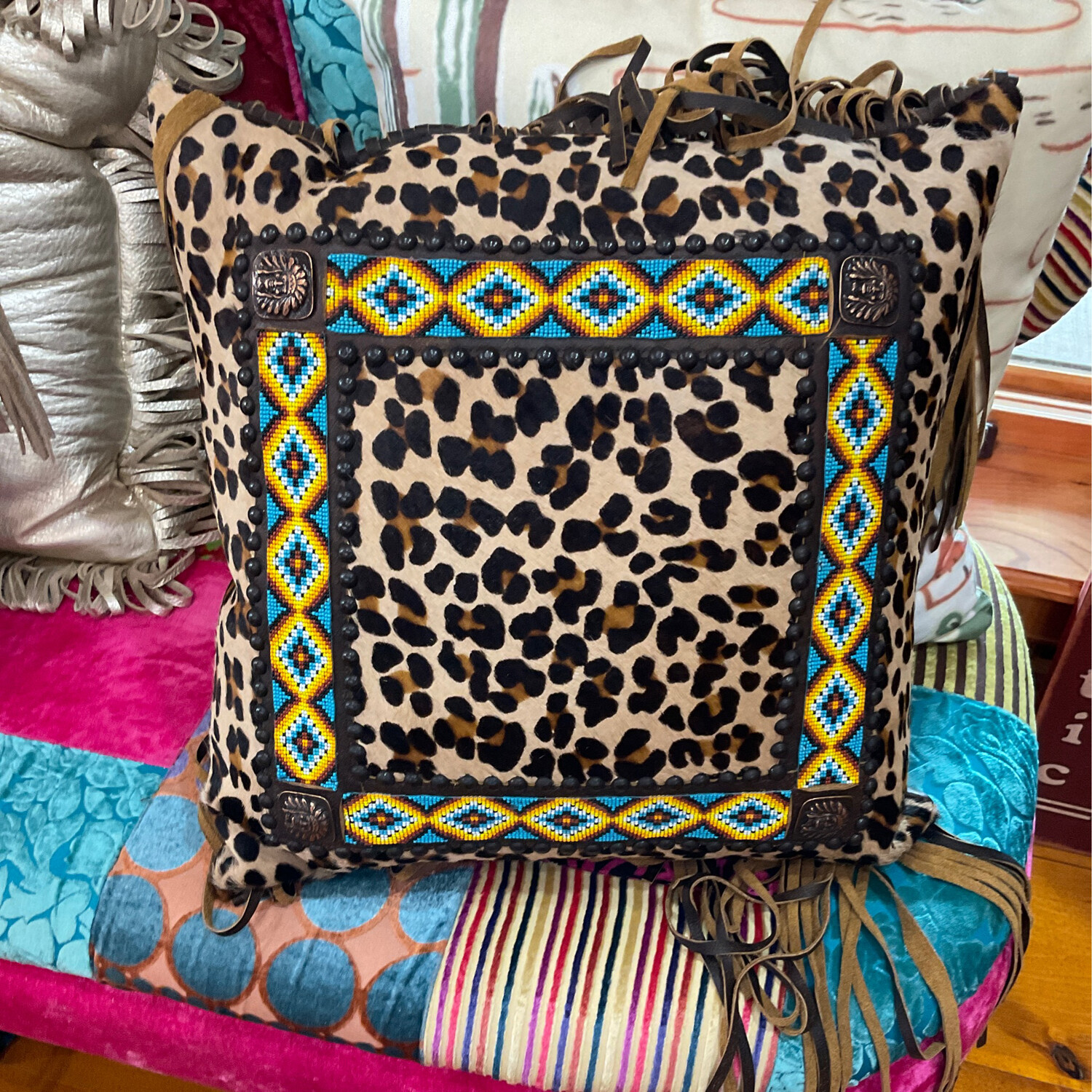 Kurtmen Leopard Pillow W/Beading 