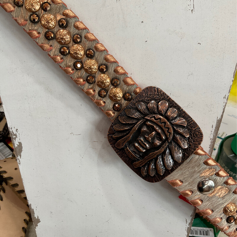 KM B-071 Belt W/Copper Star Stud Rose Gold Crystal Indian Chief Buckle 