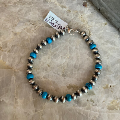 Silver Star Bracelet W/Clasp Silver & Turquoise Beads 