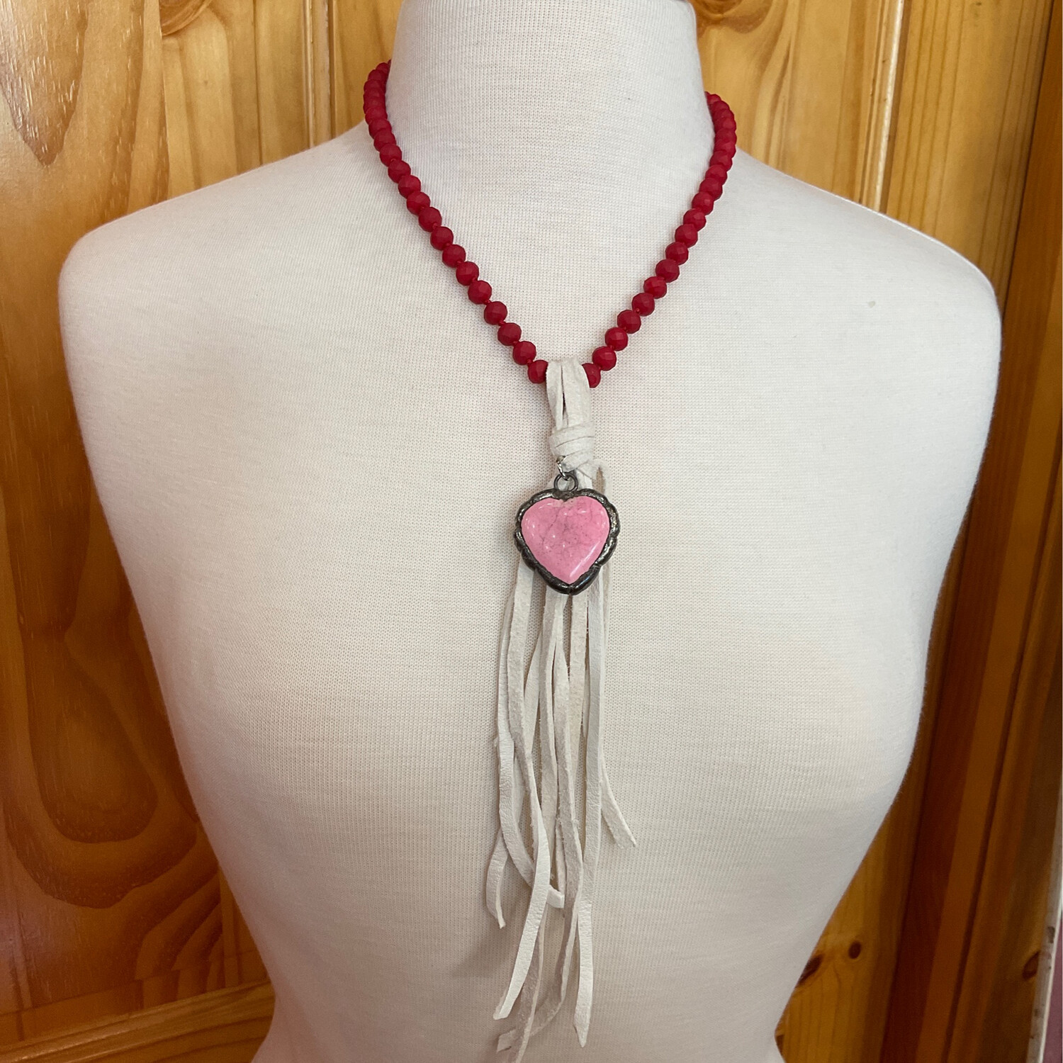 Amy Labbe Pink Heart Necklace Red Bead Cream Tassel 