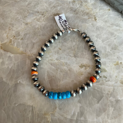 Silver Star Bracelet W/Clasp Turq/Orange & Silver Beads 