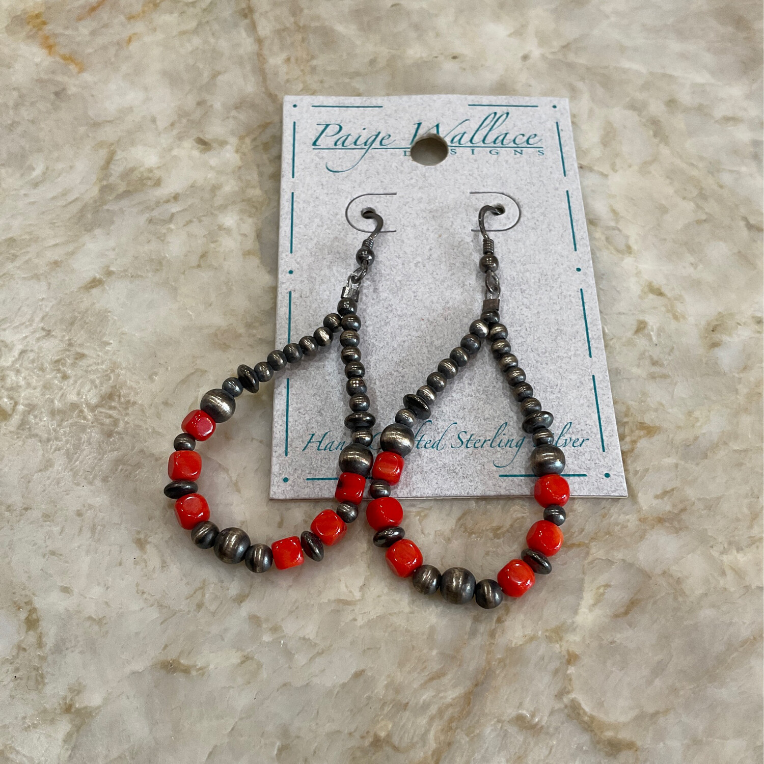 PW SS Navajo Pearls Coral Earring 