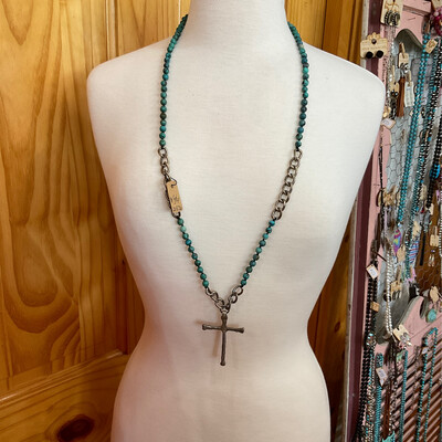 Love Token 21526 SS Handmade Chain W/Turq & Cross Necklace 