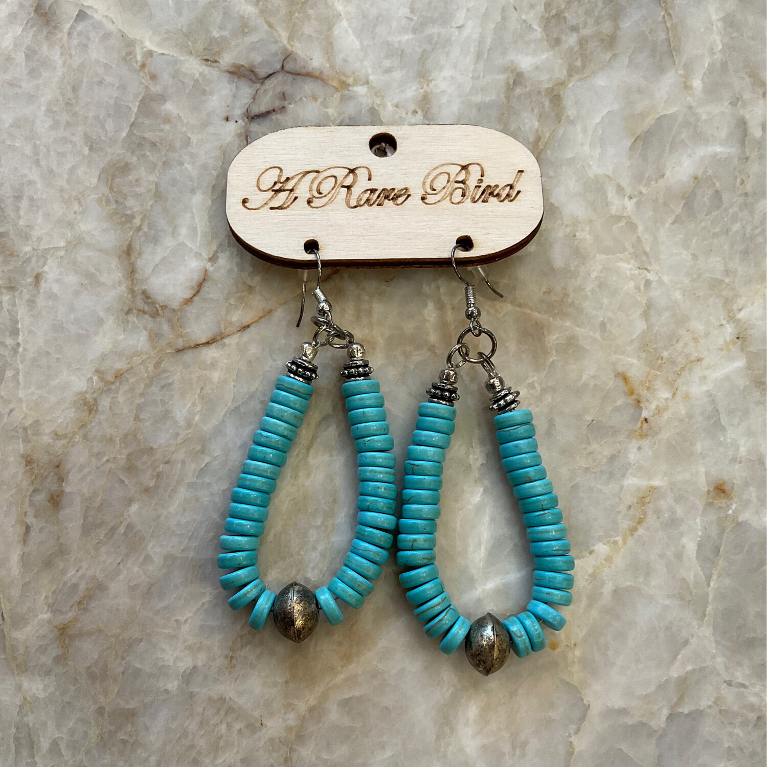 A Rare Bird Turquoise Slice Hoop Earrings W/Bead 