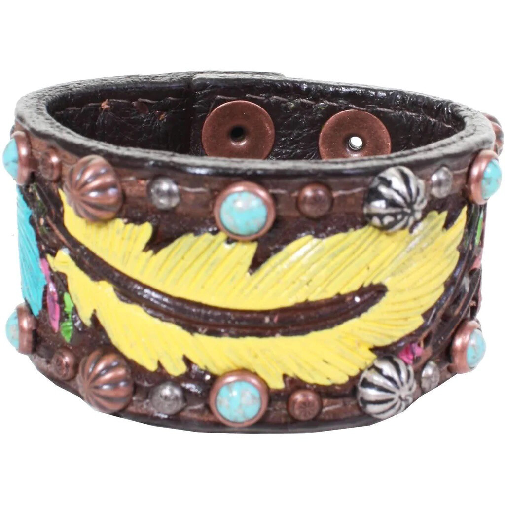 Double J CUF11/204 Brown Vintage Tooled Red,, Yellow,  & Turquoise Cuff 