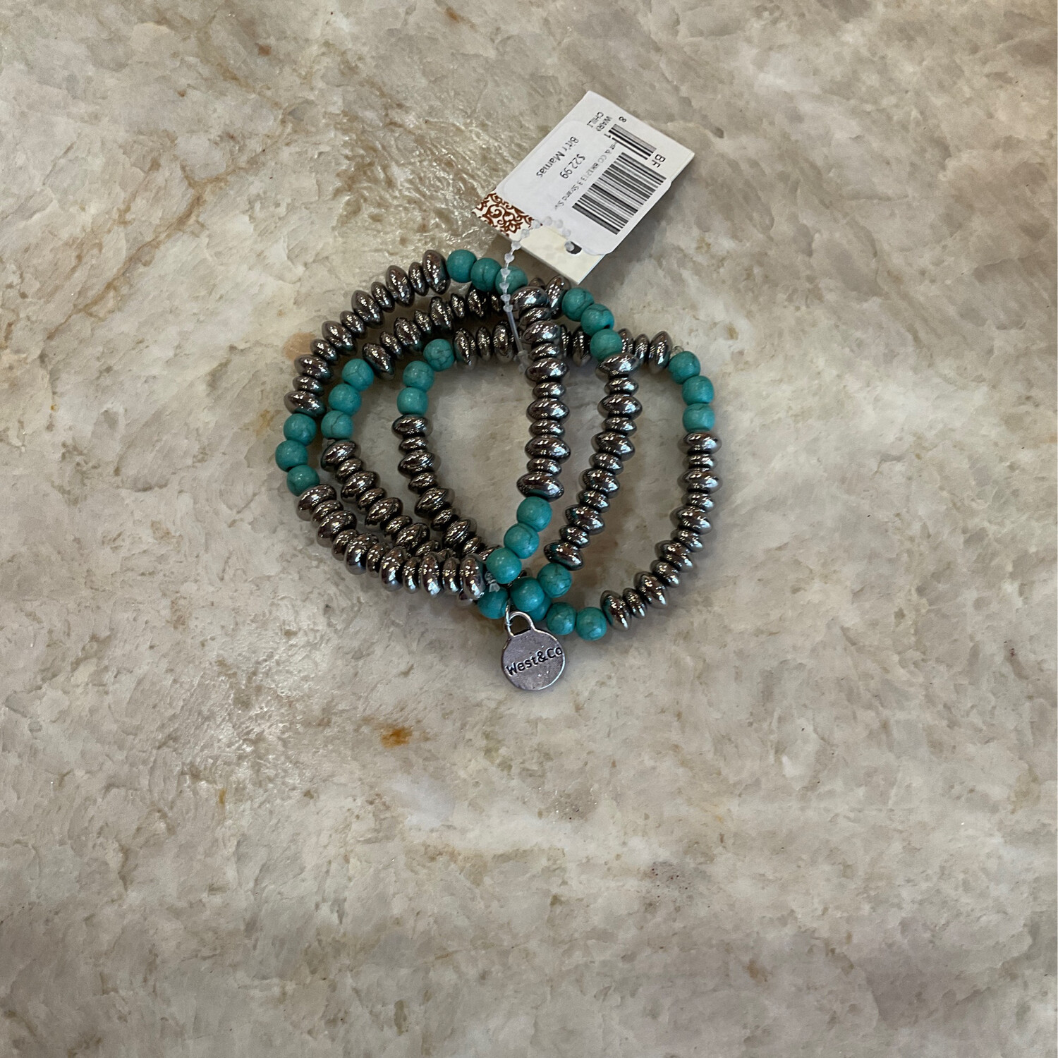 West & CO BR1213 3 Strand Slvr W/3 TQ Beads Stretch Bracelet 