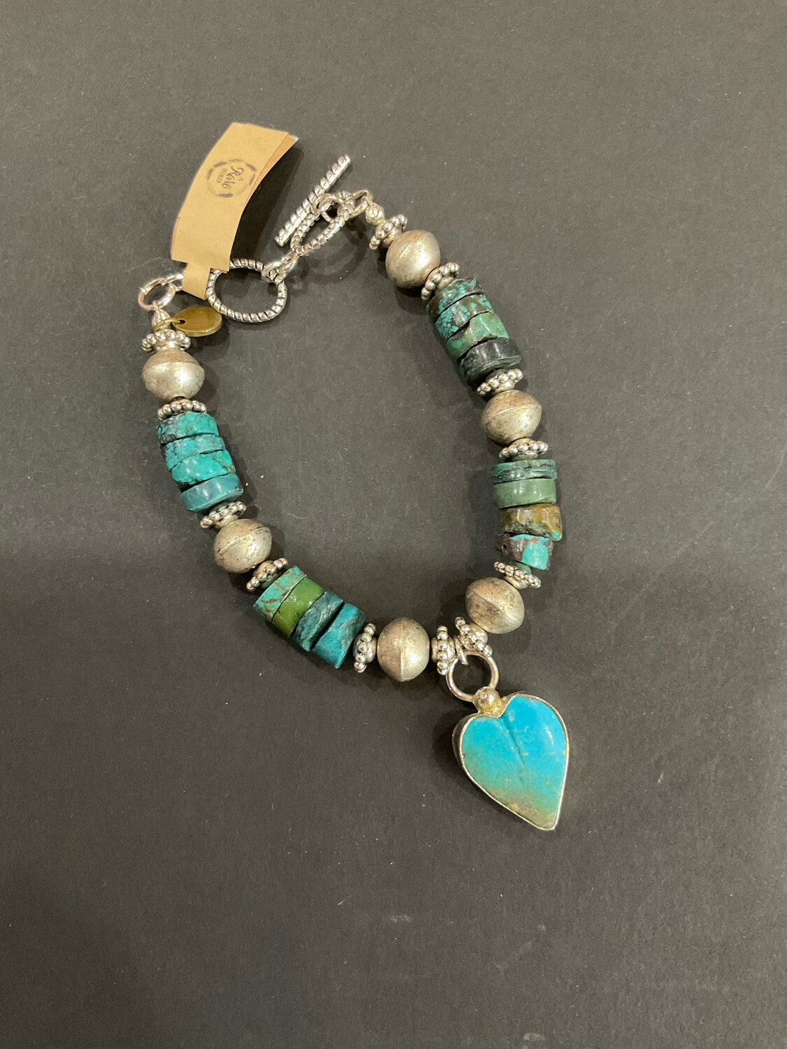 A Rare Bird Bracelet Heart Pendant W/Turq Bead & Asst Stones 