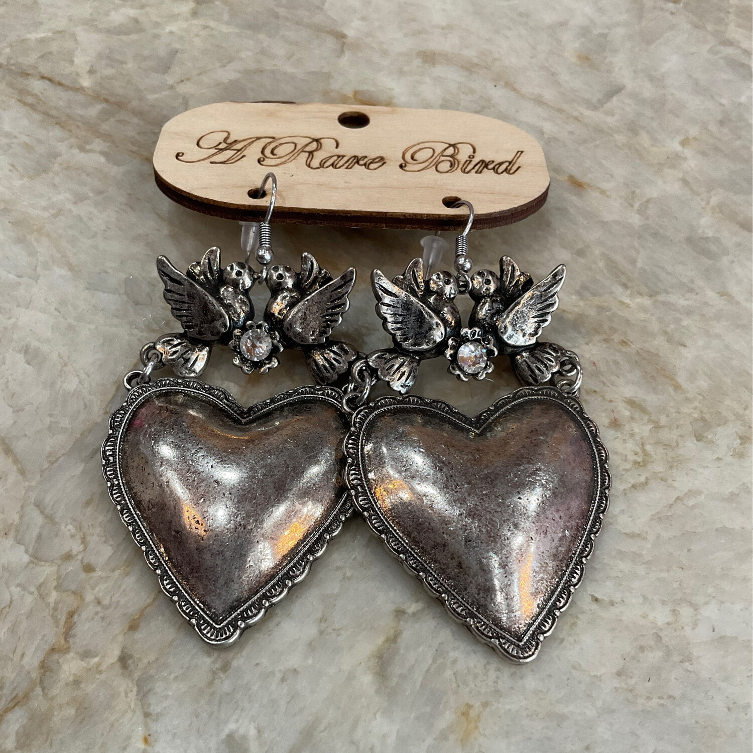 A Rare Bird Heart Shape Hoop  Earrings W/Angel Wings 