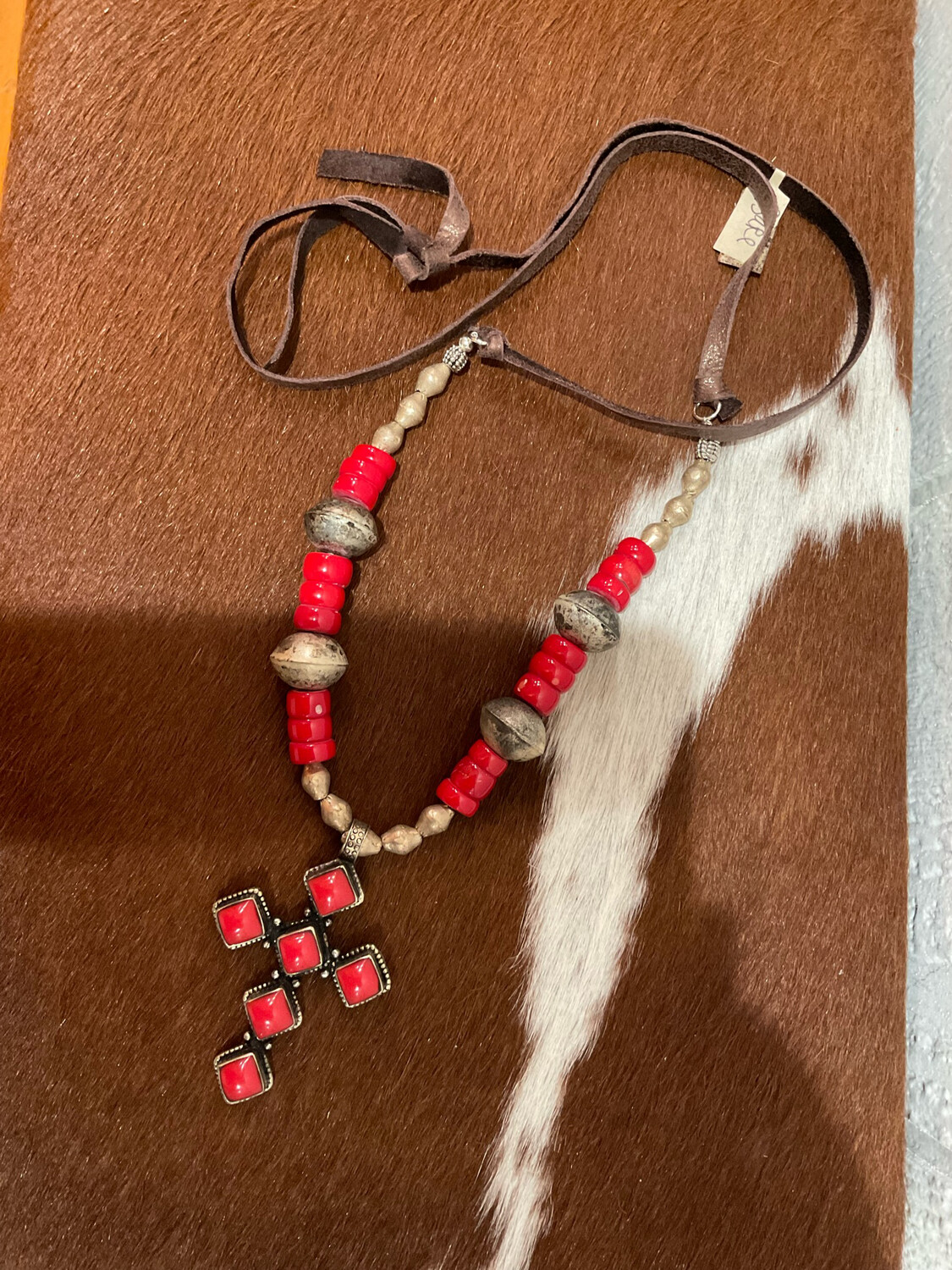 A Rare Bird Red Cross Necklace  W/Leather & Beading 