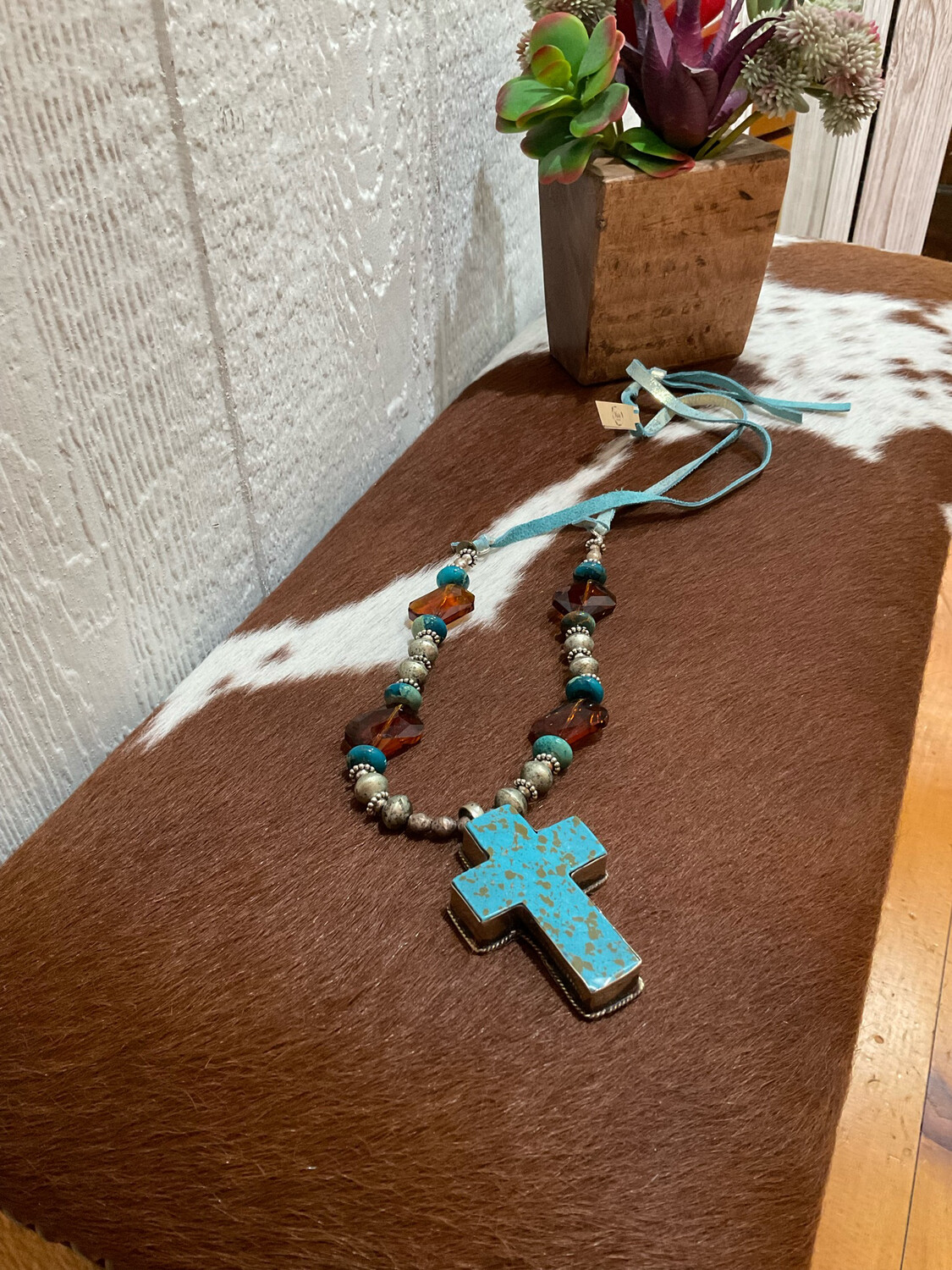 Rare Bird Turquoise Cross Beaded Necklace 