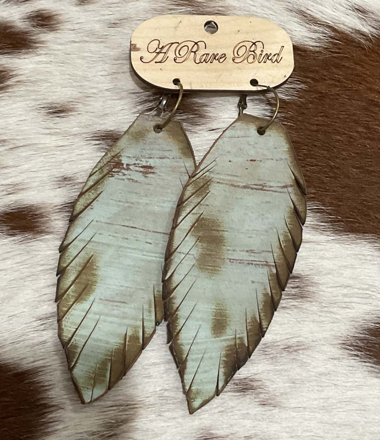 Rare Bird Hand Cut Patina Leather Feather Earrings