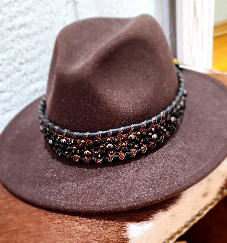 Kurtmen Hatband Bronze Leather W/Black Whipstitch &amp; Asst Stones 