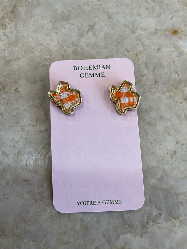 Bohemian Gemme Texas Orange Gingham Stud Earrings