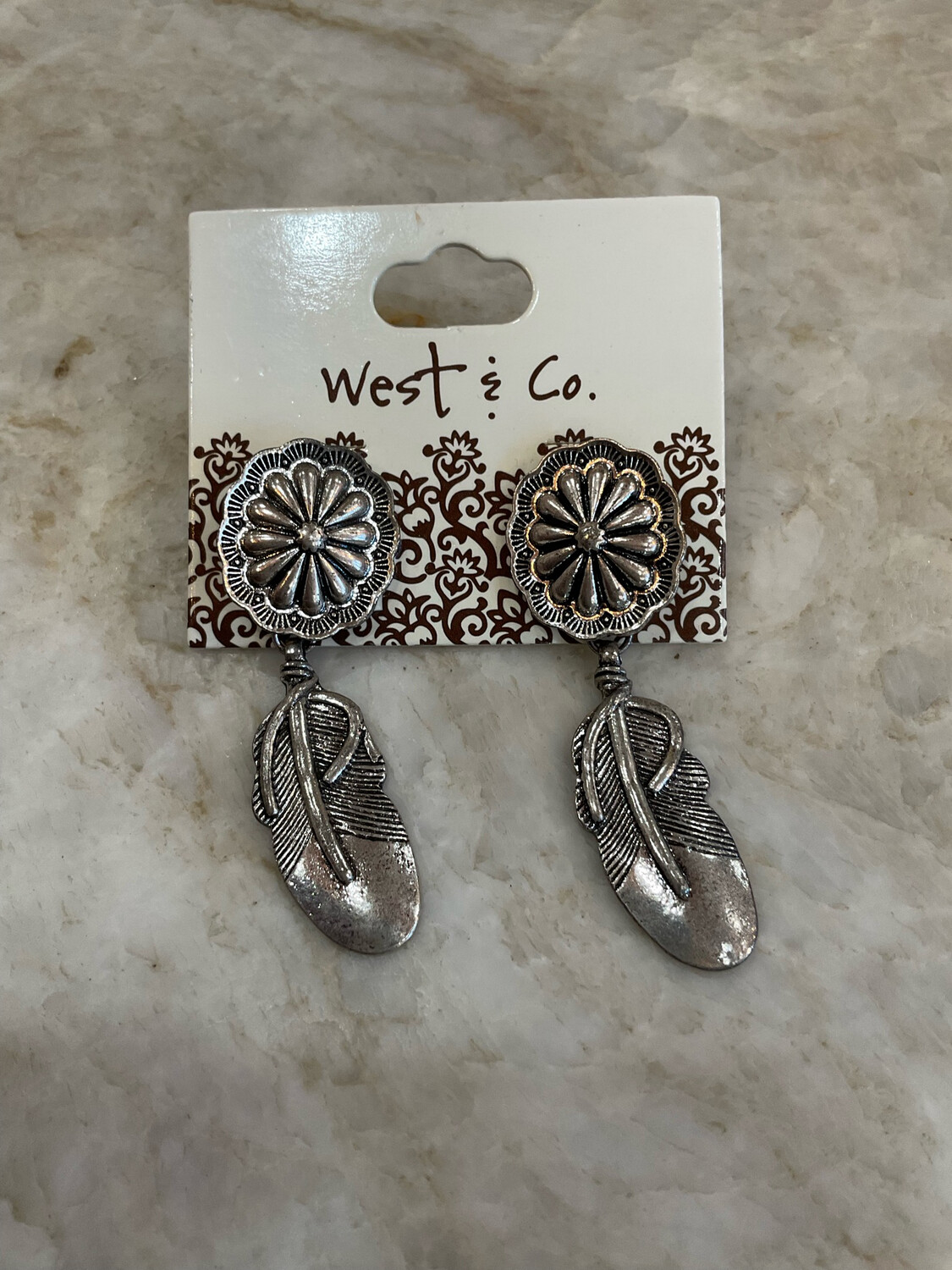 West &amp; Co E615 Concho Earring Feather Dangle Silver 