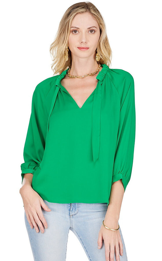 Jade 66A3957 Green Rouch Neck Peasant Top 
