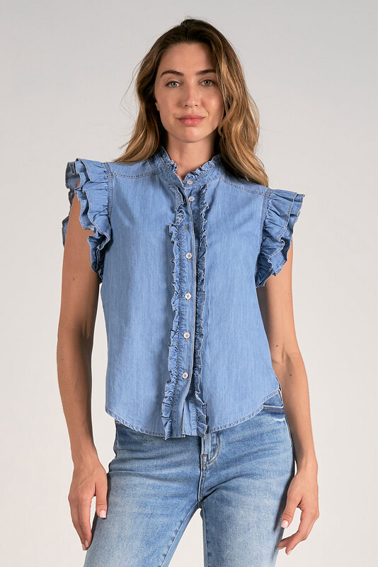 Elan CW11157 Denim Ruffle Sleeve top