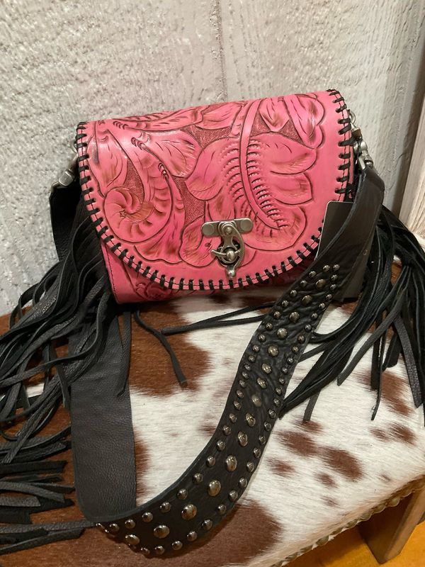 Juan Antonio 027TL Bag Tool Pink Blk Fringe Short Stud Strap 