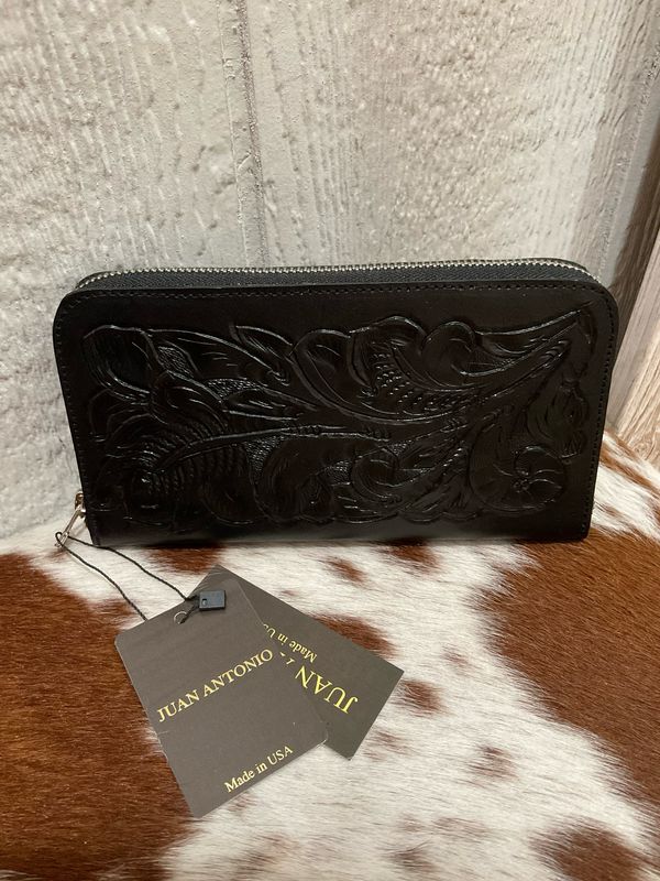 Juan Antonio 091TL Large Zip Around Wallet Tooled Black 