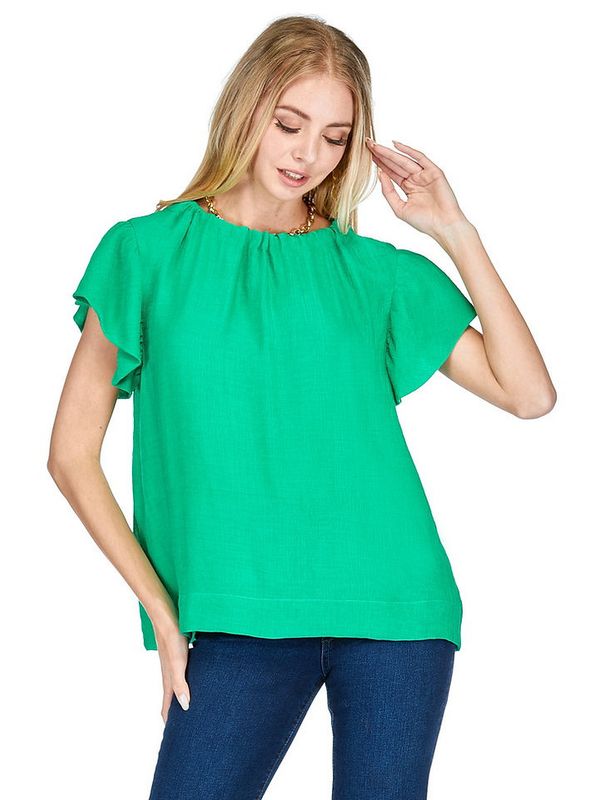 Joy Joy 70J7497 Ruched Neck Top-Green