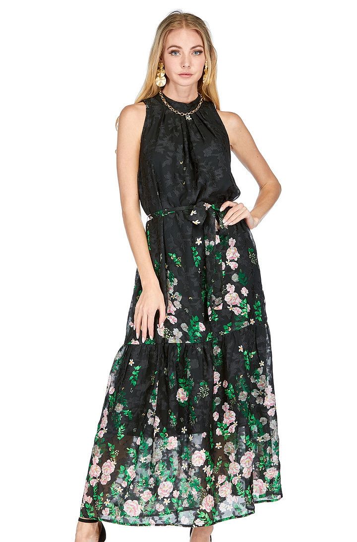 Jade 70J9837 Pleated Neck Maxi-Secret Garden